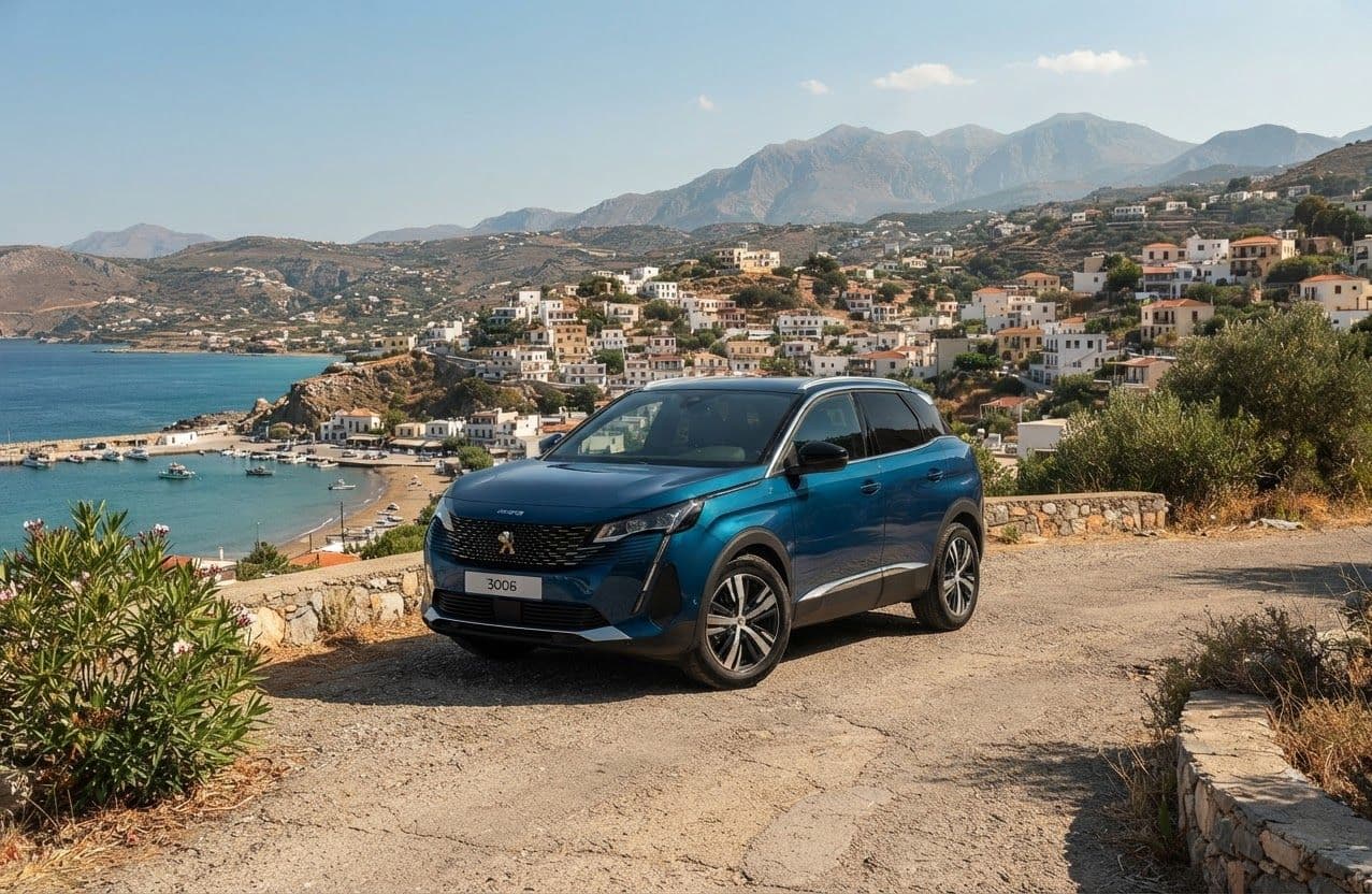 Blue Peugeot 3008 parked above a Cretan coastal village
